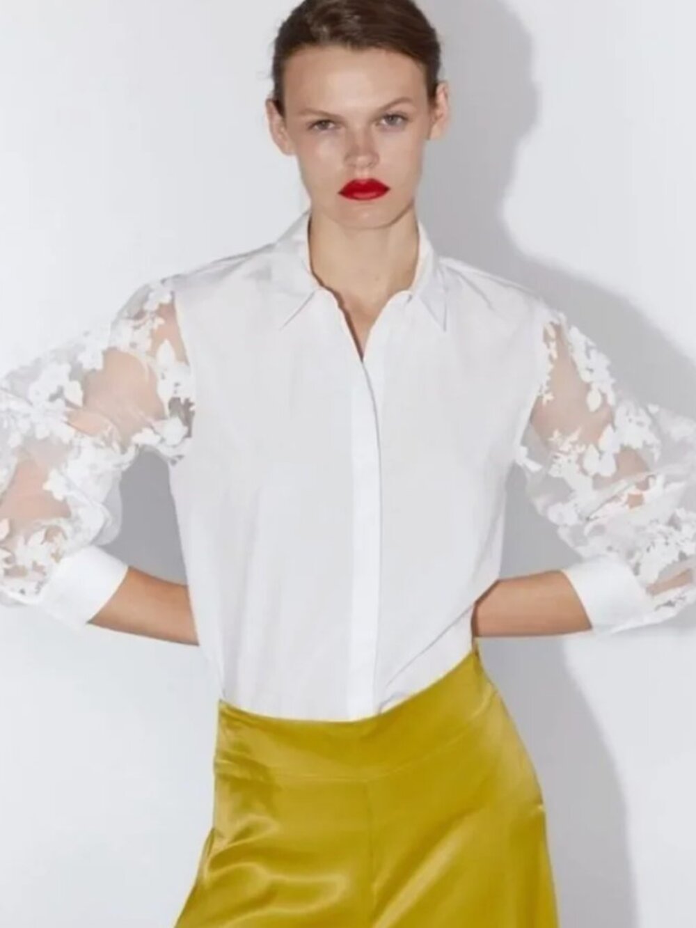 Zara White Flora Sheer Puff Sleeve Organza Blouse shirt Size XS